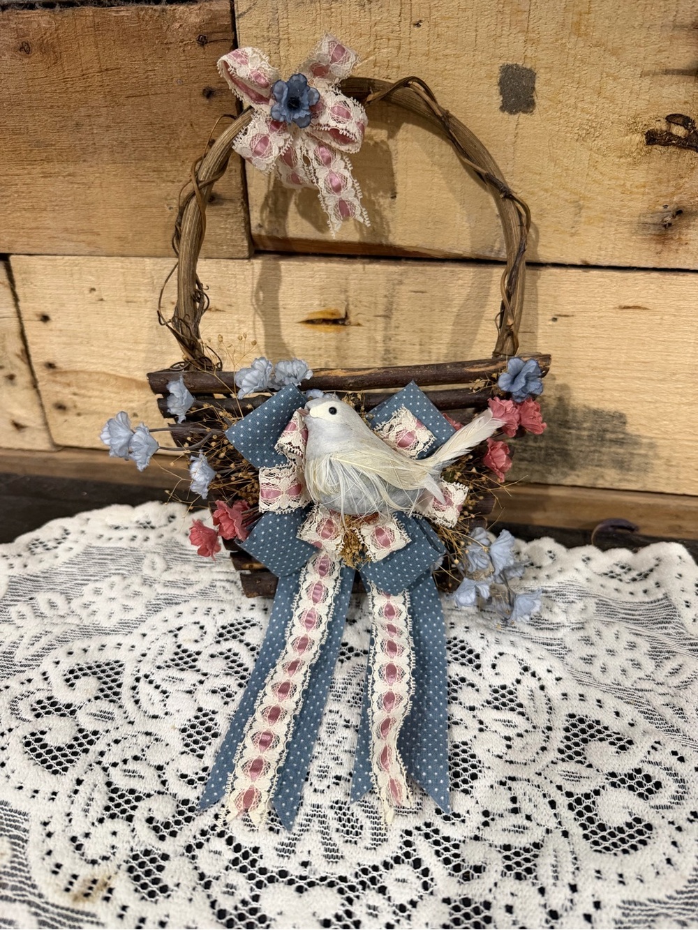 Rustic Wicker Hanging Basket with Blue Ribbon & Bird Accent